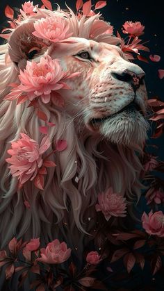 a painting of a lion surrounded by pink flowers