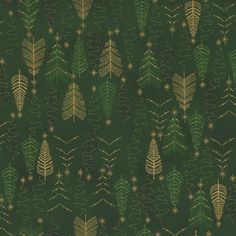 a green and gold christmas tree pattern with snowflakes on the trees in the background