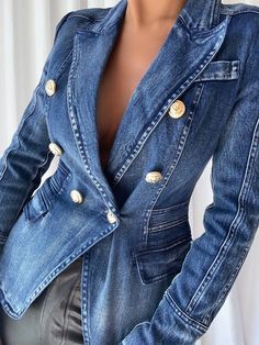 Denim Suit, Embellished Jacket, Blazer And Skirt, Wool Blend Jacket, Denim Blazer, Puff Sleeve Dresses, Double Breasted Blazer, Leather Blazer, Two Piece Dress