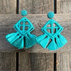 Never Worn! Nice And Lightweight, These Statement Earrings Add A Pop To Any Outfit. Comes With Bag. Turquoise Earrings For Spring Party, Blue Spring Earrings For Pierced Ears, Blue Spring Earrings, Summer Light Blue Pierced Earrings, Blue Drop Tassel Earrings For Summer, Adjustable Blue Tassel Earrings For Parties, Light Blue Drop Earrings For Summer, Blue Tassel Dangle Earrings For Summer, Blue Summer Tassel Dangle Earrings