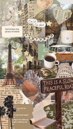 this is a collage with many different things in the background and words on it