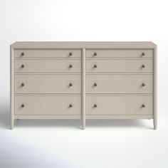 a white dresser with two drawers and one drawer on each side, in front of a plain background