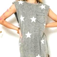 Jersey Dress With Side Slits Size Large Summer Dress With Side Slits And Crew Neck, Summer Dresses With Side Slits And Crew Neck, Sleeveless Star Print Spring Dress, Casual Spring Dress With Star Print, Summer Dresses With Star Print And Short Sleeves, Large Size Dresses, Jersey Dress, Star Print, Gray White