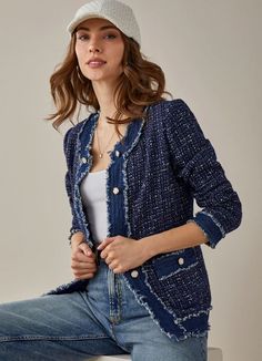 A luxe tweed fabric in an edge to edge open front crew neck long sleeve jacket all framed in a raw edged distressed denim twill, patch pockets, decorative gold buttons, boxy straight hip length silhouette for a chic urban look. Available in Blue Tweed. 50% Polyester, 50% Cotton. Fall Workwear Denim Jacket With Frayed Hem, Fall Denim Jacket With Frayed Hem For Work, Frayed Hem Denim Jacket For Work In Fall, Diamond Wedding Jewelry, Spartina 449, Blue Tweed, Urban Looks, Tweed Fabric, Childrens Jewelry