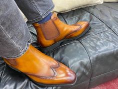 Style: 515-13-Cognac Stunning Burnished Calfskin slip-on Chelsea Boot from the Carrucci collection features a Wingtip Design with Decorative Perforations, soft Calfskin lining, clean welt and a Rubber Lug Sole! Cordovan Shoes, Shoe Horn, Shoe Tree, Horse Hair, Chelsea Boot, Lug Sole, Suede Shoes, New Shoes, Cognac