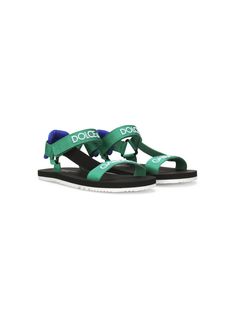 emerald green/royal blue cotton blend embroidered logo open toe touch-strap fastening padded ankle branded insole flat rubber sole Green Casual Sport Sandals With Adjustable Strap, Green Casual Sandals With Adjustable Straps, Casual Green Sport Sandals With Adjustable Strap, Green Ankle Strap Sandals With Removable Insole, Green Beach Sandals With Adjustable Strap, Green Sandals With Adjustable Straps For Summer, Green Sandals With Adjustable Strap, Green Summer Sport Sandals With Adjustable Strap, Adjustable Green Sport Sandals With Removable Insole