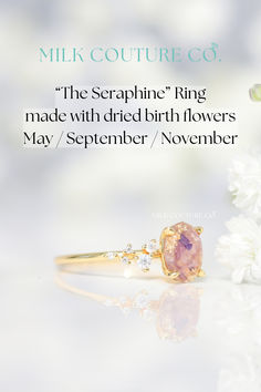 Keepsake ring made with dried birth flowers (May, September & November) and gold flakes. Custom keepsake jewelry by Milk Couture Co. can be made with anything special and meaningful to you <3 #keepsake #keepsakejewelry #flowerpreservation #mothersring #breastmilkjewelry Celestial Sapphire Birthstone Ring As Gift, Celestial Style Birthstone Ring For Anniversary, Celestial Birthstone Ring For Anniversary, Ethereal Birthstone Rings For Gifts, Birthstone Rings For Gifts, Heirloom Sapphire Ring With Halo As Gift, Heirloom Style Sapphire Ring With Halo As Gift, Sapphire Halo Ring Gift, Spiritual Sapphire Wedding Ring With Birthstone