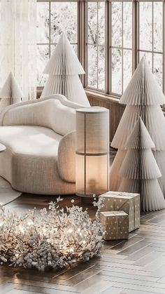 a living room filled with white furniture and christmas trees