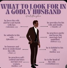 a man in a suit and tie with the words what to look for in a godly husband