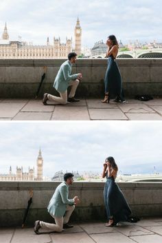 a man kneeling down next to a woman