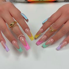 Summery Nails, Vibrant Nails, French Tip Acrylic Nails, Brown Hairstyles, Bling Acrylic Nails, Summer Acrylic Nails, Rainbow Nails, Pink Acrylic Nails