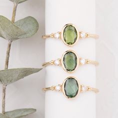 three rings with green and white stones sitting on top of a napkin holder next to a plant