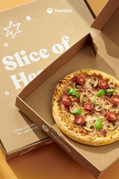 a pizza sitting inside of a box on top of a table