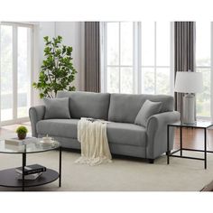 a living room scene with focus on the couch