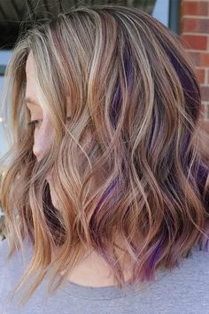 Dark Blonde With Peekaboo Color, Purple Balayage Straight Hair, Light Brown Hair Purple Highlights, Coloured Streaks In Hair, Color For Light Brown Hair, Peanut Butter And Jelly Hair Color, Pbj Hair, Peanut Butter Jelly Hair, Blonde Hair With Purple Tips