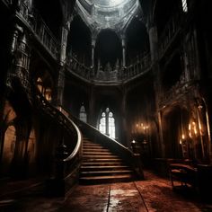 an old building with stairs leading up to the second floor and light coming in from the windows