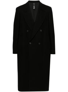 black virgin wool blend felted peak lapels long sleeves chest welt pocket two side welt pockets central rear vent long length straight hem double-breasted button fastening Classic Black Oversized Wool Coat, Elegant Oversized Double-breasted Pea Coat, Timeless Black Double-breasted Outerwear, Oversized Wool Coat With Lapel Collar For Formal Occasions, Oversized Notch Lapel Pea Coat For Formal Occasions, Formal Oversized Pea Coat With Notch Lapel, Oversized Elegant Wool Coat For Formal Occasions, Elegant Oversized Wool Coat For Formal Occasions, Elegant Formal Oversized Wool Coat