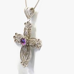 Silver Cross Amethyst Pendant Necklace, 925 Sterling, Artisan Filigree 3.5 cttw Genuine Gem, Armenian Cross, Valentine Gift Boxed for her. This is exceptional inspired from historic Armenian Crosses. Cross Pendant weight is 10gr. It has 8 mm Amethyst 3.5 carat total weight. Choice of 18 Inches Chain or just a pendant. This will come in a designer pouch, put in gift box and a romance card. It is a gift that will create memories for years to come. Our fine silver jewelry is Made in our exclusive A Sterling Silver Purple Jewelry With Intricate Design, Sterling Silver Jewelry With Intricate Design In Purple, Purple Sterling Silver Jewelry With Intricate Design, Intricate Cross Necklace As Gift, Intricate Cross Necklace For Gift, Victorian Cross Jewelry As Gift, Victorian Cross Jewelry For Gifts, Gemstone Cross Pendant Jewelry Gift, Ornate Sterling Silver Cross Jewelry