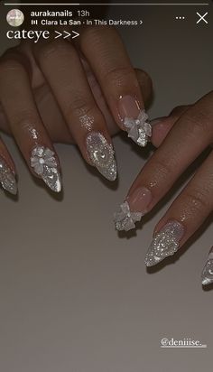 Glitter Party Nails, Nail Designs For Wedding The Bride, Sparkly Snowflake Nails, Silver Gem Nails, White Nails With Designs Glitter, Korean Wedding Nails, Sugar Nails Acrylic, White Nails With Silver Glitter, Silver Birthday Nails