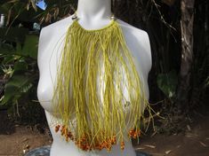 Bohemian Hippie Cotton Beaded Fringe Choker Multi Strand Bib Festival Necklace.The necklace is made of multi strands of yellow cotton, some end with beads, some without.The fall of the necklace is Approx. 18" long.Thanks for Looking!! Avatar Claims, Avatar Clothing, Avatar Clothes, Avatar Fashion, Avatar Navi, Na'vi Oc, Festival Necklace, Yellow Clothes, Hot Blue