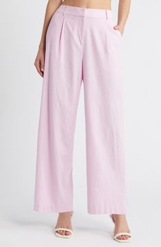 On-trend wide legs lend sophisticated drama to lightweight linen-blend pants designed with a crisp pleated front. 29" inseam; 20 1/2" leg opening; 12" front rise; 16" back rise (size 8) Zip fly with hook-and-bar closure Front slant pockets 53% linen, 44% rayon, 3% spandex Machine wash, tumble dry Imported Spring Pleated Wide Leg Pants, Spring Solid Wide Leg Pleated Pants, Spring Pleated Solid Wide Leg Pants, Formal Summer Wide Leg Pants, Formal Cotton Wide Leg Pants For Summer, Spring Linen Wide Leg Pants, Relaxed Fit Wide Leg Pants For Summer Formal, Relaxed Fit Wide Leg Pants For Formal Summer Occasions, Pleated Straight Leg Summer Pants