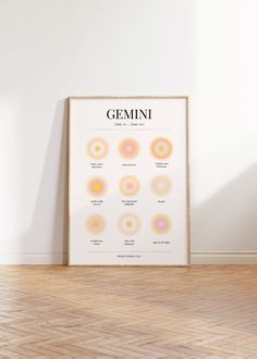 a framed poster with the names of different types of gemini on it in front of a white wall