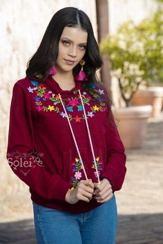 This cute Sweatshirt is perfect for feeling warm and comfortable yet looking stylish with the Embroidered Floral design on the front. The material is high quality and a combination of cotton and spandex for a comfortable yet slim looking fit. It comes with a matching embroidered face mask! (Included in the price) Find the earrings modeled here: https://www.etsy.com/es/listing/789091492/aretes-artesanales-pintado-a-mano-aretes?ref=listings_manager_grid Floral Sweatshirt, Embroidered Face, Embroidered Belt, Womens Sweatshirts, Floral Hoodie, Beautiful Belts, Cute Hoodie, Mexican Dresses, Cute Sweatshirts