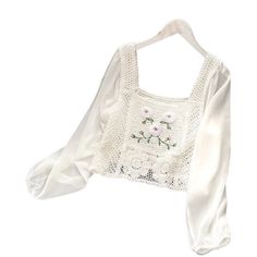 Cellabie White Green Floral Crocheted Bishop Sleeve Crop Top Size One-Size Description: Radiate Bohemian Charm With The Cellabie White Green Floral Crocheted Bishop Sleeve Crop Top In One Size. The Intricate Floral Crocheted Design, Combined With The Breezy Bishop Sleeves, Creates A Free-Spirited And Feminine Look. This One-Size-Fits-All Top Is Perfect For Embracing Your Unique Style. Key Features: * Bohemian Floral Crocheted Design * Bishop Sleeves For A Romantic Touch * Versatile One-Size-Fits Chic White Crochet Top For Spring, White Fitted Crochet Top Feminine Style, Fitted Feminine White Crochet Top, White Long Sleeve Crop Top For Spring, White Floral Embroidery Crop Top For Spring, White Feminine Crochet Lace Top, Chic Fitted White Crochet Top, Fitted White Blouse With Crochet Lace, Fitted White Crochet Lace Blouse