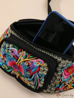 BirdinBag - Chic Embroidered Waist Bag - Vintage Fashion Multicolor Bags With Embroidered Logo For Everyday Use, Black Rectangular Bag With Embroidered Logo, Black Embroidered Rectangular Pouch, Embroidered Crossbody Shoulder Bag For Travel, Travel Crossbody Bag With Embroidered Logo, Multicolor Embroidered Floral Crossbody Shoulder Bag, Multicolor Floral Embroidery Crossbody Shoulder Bag, Casual Travel Bags With Multicolor Embroidery, Multicolor Embroidered Pouch Shoulder Bag For Travel