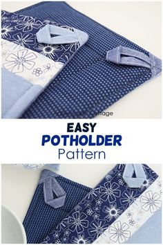 an easy to sew potholder pattern is shown with the instructions for how to make it