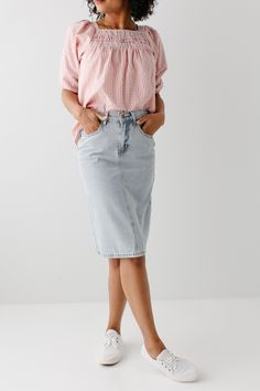 The 'Kyra' is another one of our very own exclusive denim skirts. Designed with everyday wear in mind, this skirt will pair well with just about any casual top in your wardrobe! This denim skirt is 100% cotton and does not have stretch, giving it a vintage vibe we love! Every woman needs a classic, straight denim skirt in her closet and this skirt is an excellent choice! Available in light or vintage wash. 100% Cotton Machine Wash Cold Gentle Cycle Do Not Bleach Hang to Dry Do Not Dry Clean Mode Spring Knee-length Lined Denim Skirt, Trendy Relaxed Denim Skirt For Summer, Trendy Relaxed Fit Denim Skirt For Summer, High Waist Relaxed Fit Cotton Denim Skirt, Spring Cotton Mini Denim Skirt, Trendy Cotton Skirt For A Day Out, High Rise Cotton Skirt In Medium Wash, Medium Wash Cotton Knee-length Denim Skirt, Summer Cotton Denim Midi Skirt