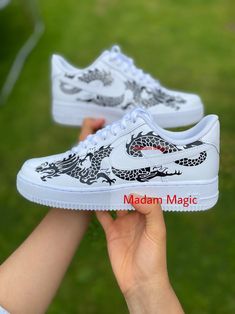 * Hand painted custom Air Force 1 07 Low * Not vinyl, stickers or patches * No returns, refunds or exchanges * Processing time is 2-3 weeks * I cannot expedite orders or make for a specific date * Delivery time depends on country * Cancellations up to 24 hours after purchase * Please try on shoes in a store to make sure you order the correct size * Please order correct size - if you order incorrect size this is your own responsibility * If you order a women's size it is possible you receive the men's option of the same size -the shoes will be the same only the number on the box will differ * Wipe clean only, no washing or picking * Shoes are 100% genuine and can be proven so * Shoes are bought from a genuine retailer, copy of original receipt of purchase can be provided upon request * If y White Custom Logo Sneakers For Streetwear, Custom Logo Sneakers With Round Toe For Streetwear, Streetwear Custom Sneakers With Round Toe And Logo, Custom Black Low-top Sneakers, Casual Black Customized Sneakers, Casual Customized Black Sneakers, Black Sneakers With Custom Artwork For Streetwear, Black Low-top Sneakers With Custom Artwork, Customized Sneakers For Streetwear