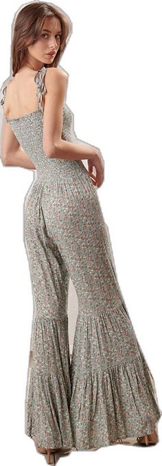 Boho Jumpsuit Outfit, Bell Bottom Jumpsuits, Boho Jumpsuit, Jumpsuit Outfit, Straight Neckline, Upper Body, Bell Bottoms, Smocking, Wide Leg Pants