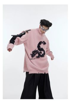 Dragon Design Oversize Knit Sweater WN4022 – WONDER NOAH Pink Relaxed Fit Sweater For Winter, Oversized Knitted Crew Neck Sweatshirt, Streetwear Knit Tops With Ribbed Collar, Oversized Knitted Trendy Sweatshirt, Pink Knit Long Sleeve Sweatshirt, Pink Long Sleeve Knit Sweatshirt, Pink Long Sleeve Sweater For Cold Weather, Winter Streetwear Knit Tops, Knit Long Sleeve Sweatshirt For Streetwear