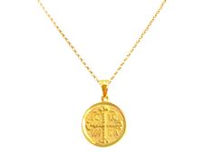 "Greek Byzantine Coin 14K Solid Gold Pendant 'Constantine' on Matching Chain by Ilios This exquisite Byzantine coin pendant is handmade in Greece in 14K solid gold and features a cross and the Christogram ΙϹΧϹ NIKA on one side and Saint Constantine and Saint Helen on the reverse. This symbol is known for offering protection and consolation. Choose the pendant alone or as a necklace with a matching 14K or 9K gold chain. The pendant comes in 4 sizes: 15mm = .60\", 16mm = .63\" , 18mm = .70\" , 21m Byzantine Pendant Necklace For Formal Occasions, Formal Byzantine Pendant Necklaces, Formal Byzantine Pendant Necklace, Engraved Byzantine Necklace For Ceremonial Occasions, Byzantine Hallmarked Round Pendant Necklace, Hallmarked Byzantine Necklace With Round Pendant, Hallmarked Byzantine Round Pendant Necklace, Byzantine Style Round Pendant Necklace, Byzantine Style Hallmarked Necklace