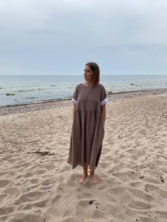 Linen Smock Dress Loose Linen Dress Linen Midi Dress | Etsy Lithuania Flowy Linen Casual Midi Dress, Flowy Linen Midi Dress Casual Style, Flowy Linen Midi Sundress, Beach Midi Linen Dress, Summer Linen Midi Dress Relaxed Fit, Relaxed Fit Linen Midi Dress For Beach, Simple Linen Dress, Linen Summer Dress, Simple Linen