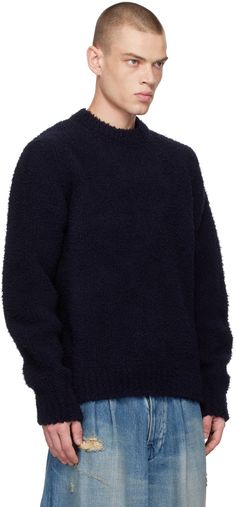 Brushed knit wool-blend sweater. · Crewneck · Studded patch at elbows Supplier color: E-Navy Cozy Navy Sweater With Ribbed Cuffs, Navy Wool Sweater With Ribbed Cuffs, Cozy Navy Sweater For Winter, Winter Navy Textured Knit Sweater, Blue Textured Knit Wool Sweater, Navy Textured Knit Sweater For Winter, Navy Wool Sweater For Fall, Navy Wool Crew Neck Sweater, Navy Textured Knit Sweater For Fall