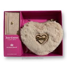 Juicy Couture Dusty Blush Pink Heart Crossbody & Card Case Gift Set NIB (New in Box) **Box has some very slight dents on the edge but product is NOT affected by this. Overall, item is in VERY NEW condition. Please refer to the photos for reference before purchasing!** Fluffy Purse, Dusty Blush, Juicy Couture Purse, Couture Handbags, Pink Cards, Card Case Wallet, Pink Faux Fur, Heart Bag, Couture Bags