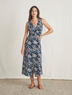 Siena Midi Dress - Navy Canopy Floral V-neck Sleeveless Dress With Floral Print For Day Out, Vacation Floral Print Midi Dress, Vacation Midi Dress With Floral Print, Fitted Summer Midi Dress For Garden Party, Chic Midi Length Sleeveless Dress For Garden Party, Floral Print Mid-length Vacation Dresses, Chic Floral Print Daywear Dresses, Floral Print Mid-length Sundress, Elegant Floral Midi Dress For Beach