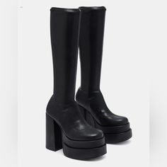 Brand New, In Box Black Knee-high Platform Boots Medium Width, Black Knee-high Platform Heeled Boots, Platform Boots With Round Toe For Office, Round Toe Platform Boots For Office, Office Platform Boots With Round Toe, Black Knee-high Platform Boots With Reinforced Heel, Black Platform Boots With Lug Sole And Block Heel, Black Leather Knee-high Platform Boots, Chunky Platform Faux Leather Boots For Formal Events