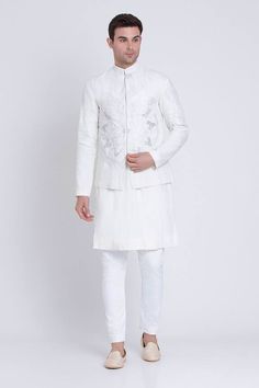 Ivory full sleeves kurta with all over Mosaic bloom embroidery using silver and ivory resham highlights. Paired with pant. - Aza Fashions White Sherwani With Resham Embroidery And Long Sleeves, Off White Long Sleeve Kurta With Cutdana, White Sherwani With Cutdana And Long Sleeves, White Sherwani With Intricate Embroidery And Long Sleeves, Off White Bandhgala With Resham Embroidery And Long Sleeves, Off-white Bandhgala With Resham Embroidery And Long Sleeves, White Bandhgala With Naqshi For Traditional Ceremonies, White Embroidered Long Sleeve Sherwani, White Long Sleeve Bandhgala For Festive Occasions