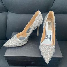 Worn Only Once To A Wedding, In Excellent Shape! Come With It’s Own Box. Stores Has It Listed As Ivory Color, I’d Say It’s On The Gray Side. Silver Heels With Rhinestones For Reception, Silver Glamorous Heels For Reception, Glamorous Silver Heels For Reception, Fitted Embellished Silver Wedding Shoes, Silver Fitted Embellished Wedding Shoes, Fitted Silver Embellished Wedding Shoes, Elegant Sequined Heels For Wedding, Luxury Sequined Heels For Wedding, Silver Sequined Heels For Wedding