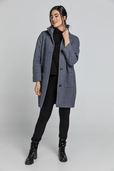 Wool blend grey melange coat. Raglan sleeves and an upright collar. Two patch pockets in the front. Fastens in the front with 4 buttons. Loose fit.  Our model is 176cm and is wearing size 36/S. Measurements for size 38/M (in cm): Shoulder -48, Chest-52, Waist-54, Bottom-56, Sleeve Length-52, Body length-92. 40% wool-60% viscose. Accessories are not included. Dry clean. Mild detergent.  Do not bleach. Gray Workwear Outerwear With Button Cuffs, Gray Outerwear With Button Cuffs For Work, Gray Buttoned Outerwear For Work, Gray Long Wool Coat For Workwear, Workwear Pea Coat With Stand Collar And Pockets, Workwear Outerwear With Buttoned Pockets And Stand Collar, Stand Collar Pea Coat With Pockets For Work, Stand Collar Outerwear With Buttoned Pockets For Work, Gray Wool Sweater Coat For Work