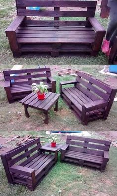 some wooden benches sitting in the grass with potted plants on each bench and another bench made out of pallets