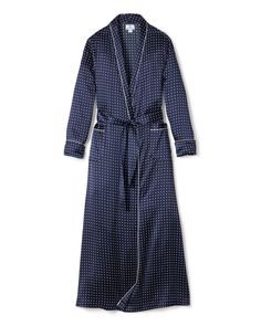 100% Mulberry Silk Women's Polka Dot Luxe Long Robe Fitted Silk Long Sleeve Sleepwear, Fitted Silk Sleepwear With Long Sleeves, Silk Fitted Robe For Loungewear, Fitted Silk Robe For Loungewear, Fitted Silk Robe For Daywear, Elegant Silk Sleepwear With Satin Finish, Luxury Satin Robe For Daywear, Chic Fitted Silk Sleepwear, Elegant Silk Robe For Loungewear