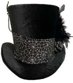 "Arachnid Lair" Tall Gothic Steampunk Vampire Top Hat A one of a kind wearable art creation by Jenkitty This tall black velvet top hat is wrapped in a black and silver spiderweb print band, and features a spider with a drape of jewels on one side, and on the other a glittery rose with a flourish of feathers.  Adult Medium- Inner circumference measures about 22", about 7 1/4" tall (Around 7 1/8 men's hat size) Hat has wire brim so it can be moldable to your taste.  **Sometimes I can alter the hat to accommodate another size - It's worth asking to see if I can resize it if you need it in another size, as I might be able to do it Brand New Goth Top Hat, Horror Wedding, Black Velvet Top, Gothic Vampire, Gothic Steampunk, Steampunk Clothing, Arachnids, Velvet Tops, Costume Hats