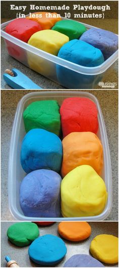 rainbow play dough in a plastic container on the counter and then placed in a baking dish