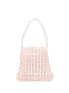 rose pink transparent design bead embellishment logo plaque single beaded top handle Pink Beaded Tote Bag, Pink Embellished Top Handle Bag, Chic Pink Beaded Shoulder Bag, Feminine Pink Bag With Pearl Handle, Beaded Top Handle Shopping Bag, Feminine Pink Bags With Pearl Handle, Beaded Top Handle Bag For Shopping, Pink Bag With Detachable Handle For Events, Chic Pink Embellished Bags