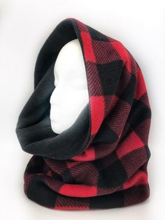 Hooded scarf super warm plush reversible fleece scarf can be worn as hood or cowl 3 to choose from Red Lumberjack Gray or Blue Tartan by ClaremUS Reversible Plush, Fleece Projects, Hood Scarf, Lumber Jack, Winter Sewing, Fleece Neck Warmer, Infinity Cowl, Chunky Infinity Scarves, Hooded Cowl