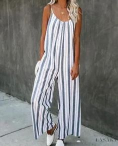 Lasaky - Loose-Fit Jumpsuit with Printed Camisole Design and Pockets Casual Striped Jumpsuits And Rompers For Summer, Casual Striped Jumpsuits And Rompers For Beach, Sleeveless Striped Jumpsuits And Rompers For Day Out, Striped Sleeveless Jumpsuits And Rompers For Day Out, Loose Fit Jumpsuit, White Crew Neck, Striped Jumpsuit, Wide Pants, Jumpsuit Fashion